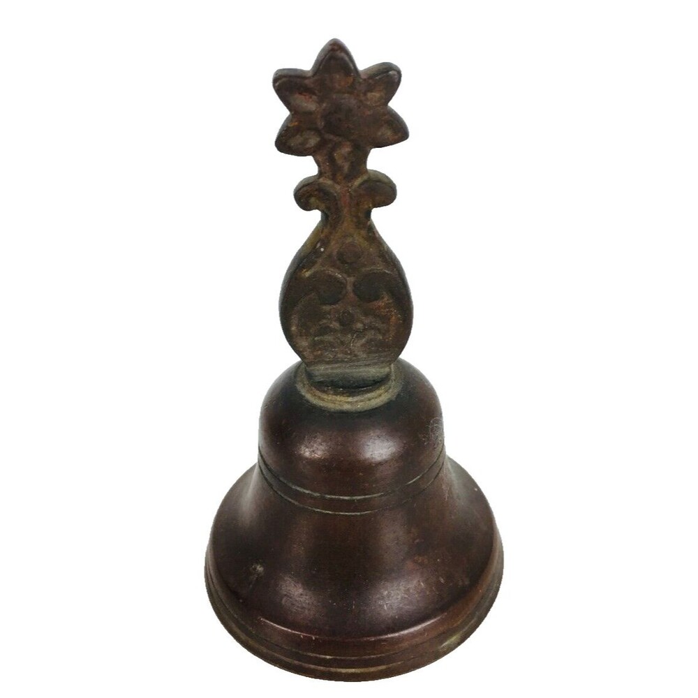 Antique Bronze Handheld Teacher Dinner Church Bell Floral Handle Vintage